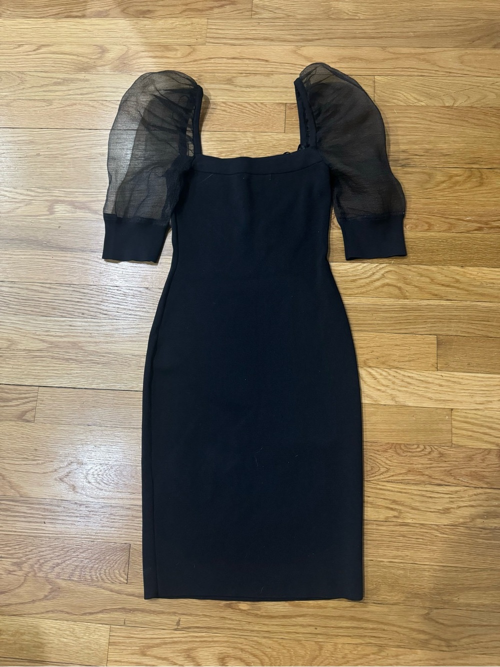 Bar III Black Fitted Midi Dress with Sheer Puff Sleeves